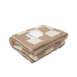 Beige Check Teddy Throw Blanket - 100% Recycled Materials at DLK