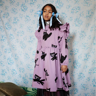 Purple Woven Cat Print Party Dress for kids at DLK

