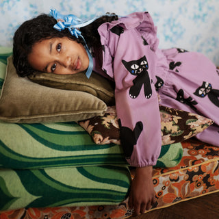 Purple Woven Cat Print Party Dress for kids at DLK

