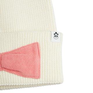 Mini Rodini Rbbed knit beanie in warm off-white with a pink bow on the front for kids at DLK