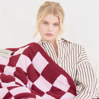 Pink & Maroon Check Teddy Throw - 100% Recycled Materials at DLK
